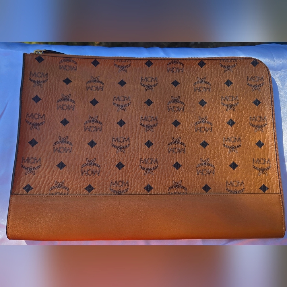 MCM Brown Leather and Suede IPad Zipper Pouch Bag